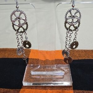 Steampunk Gear Dangle Earrings in Silver and Bronze